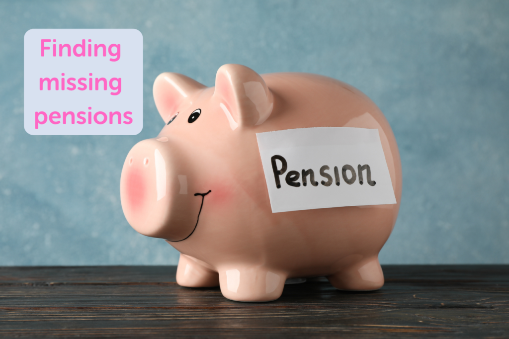 Find missing pensions. Piggy bank with a pension post-it note on the side.